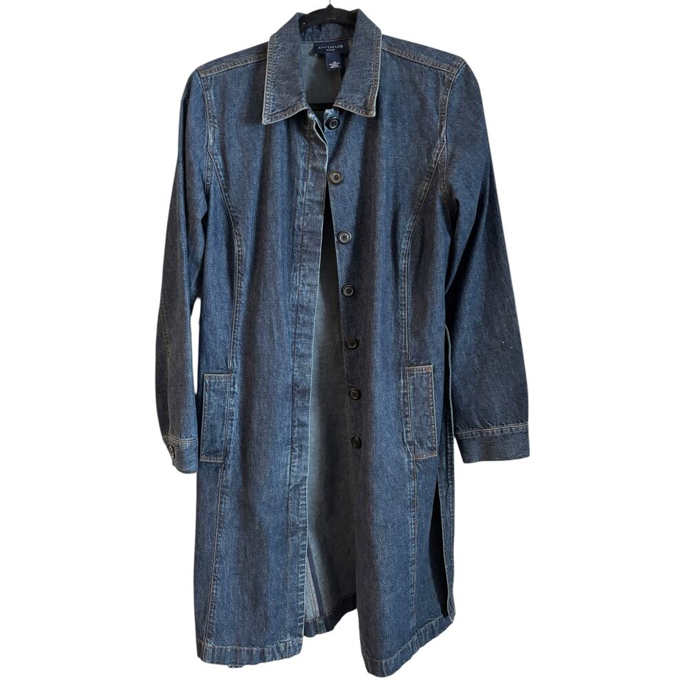 Vtg Ann Taylor Jeans Women Denim Jean Long Coat 10 Hidden Button Down Belt